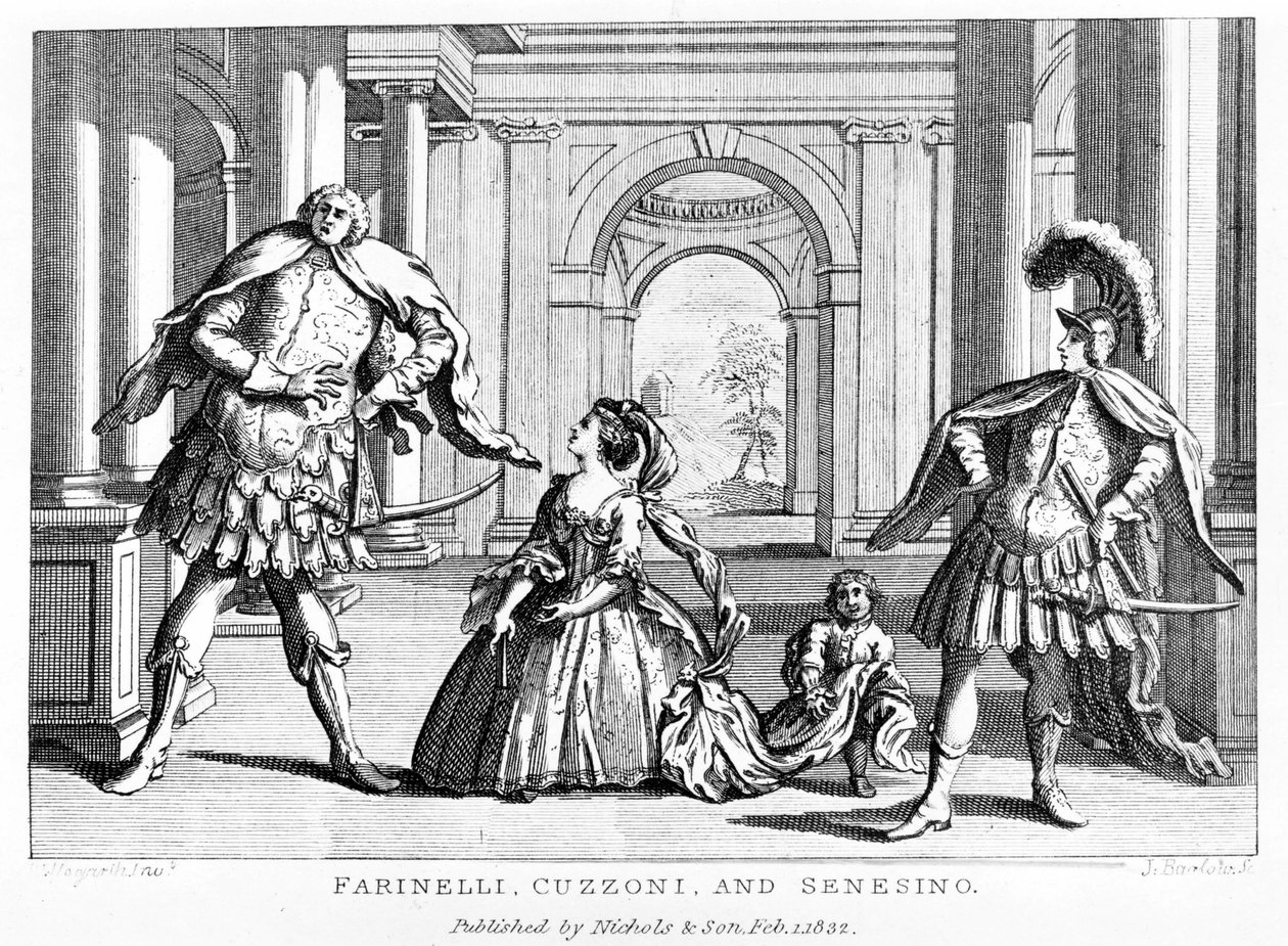 Farinelli (Carlo Broschi, dit; 1705 - 1782) med sopranen Cuzzoni og kastraten Francesco Bernardo Senesino (1680 - 1750) i operaen av George Frederick Handel (Georg Friedrich Handel av Unknown artist