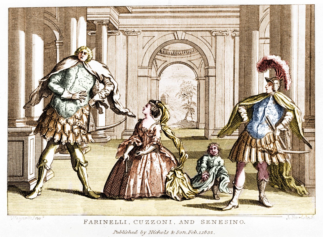 Farinelli (Carlo Broschi, dit; 1705 - 1782) med sopranen Cuzzoni og kastraten Francesco Bernardo Senesino (1680 - 1750) i operaen av George Frederick Handel (Georg Friedrich Handel av Unknown artist