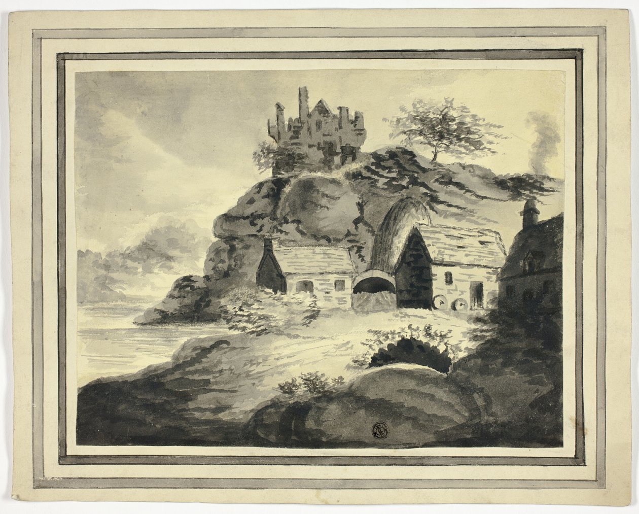 Gård med overhengende klippe og slott av Unknown artist