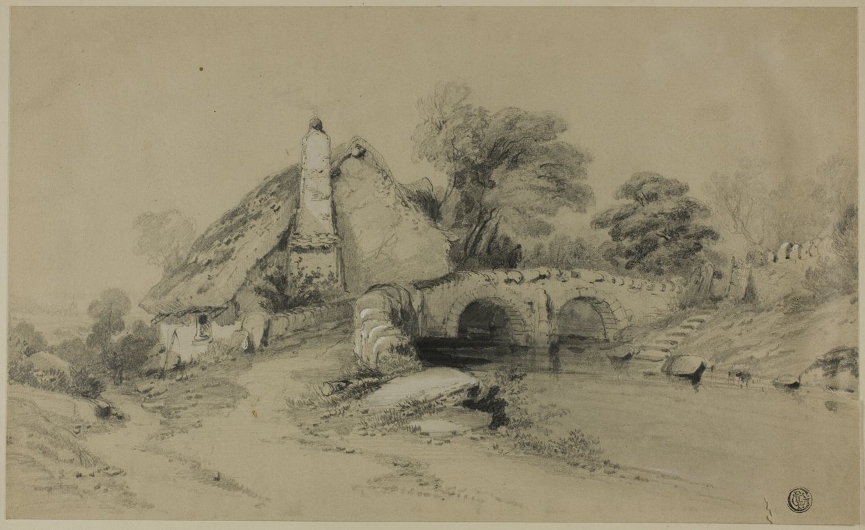 Gård med stråtak nær steinbroen av Unknown artist