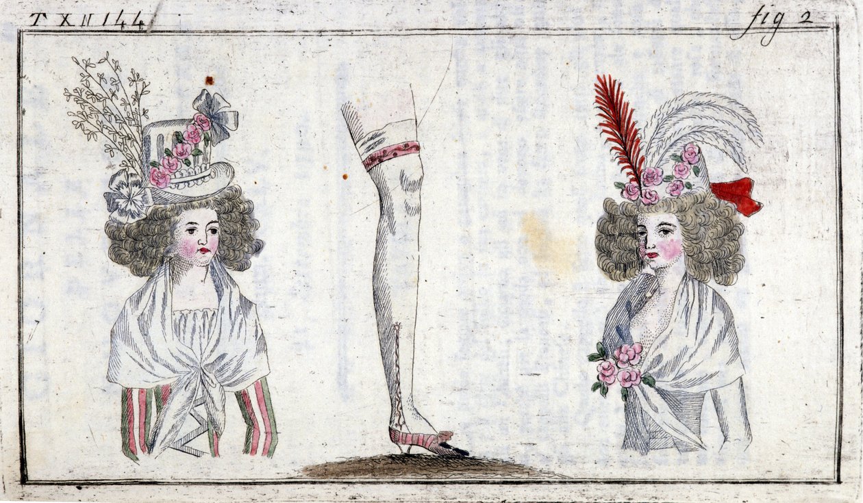 Mote 1700-tallet: frisyre og strømpebånd for kvinner rundt 1788. av Unknown artist