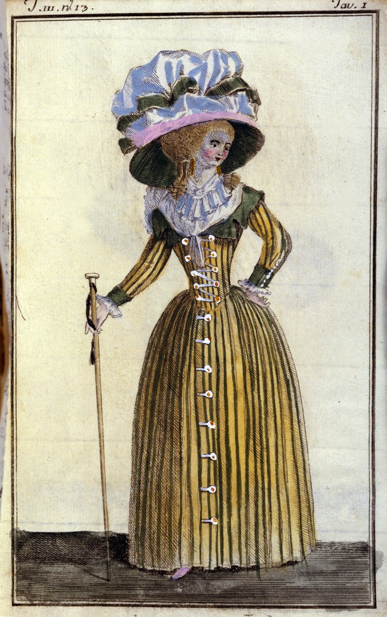 Mote: elegant ung kvinne med stokk. 1787 av Unknown artist