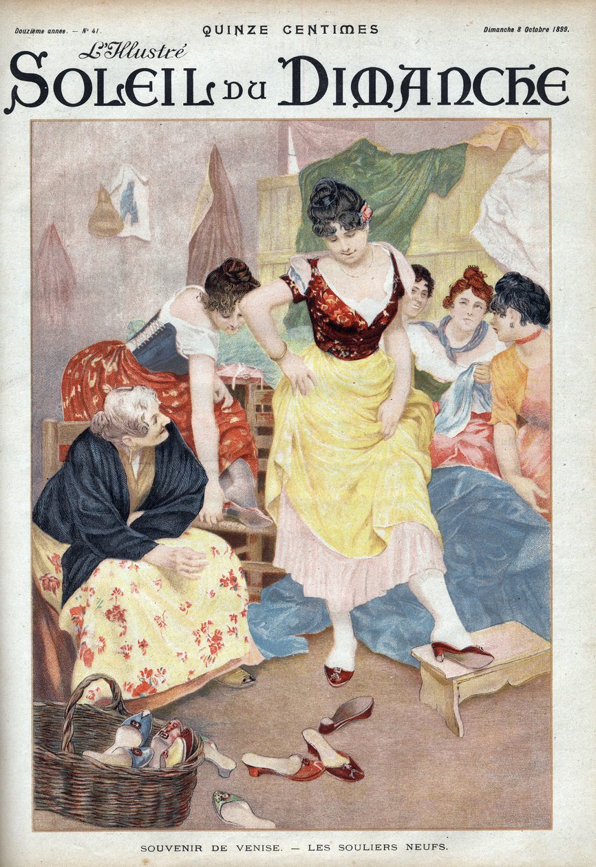 Mote sent på 1800-tallet: nye sko fra Venezia. Kvinner prøver sko fra den italienske byen. Gravering i “” Le sun-du-dimanche””, 8. oktober av Unknown artist