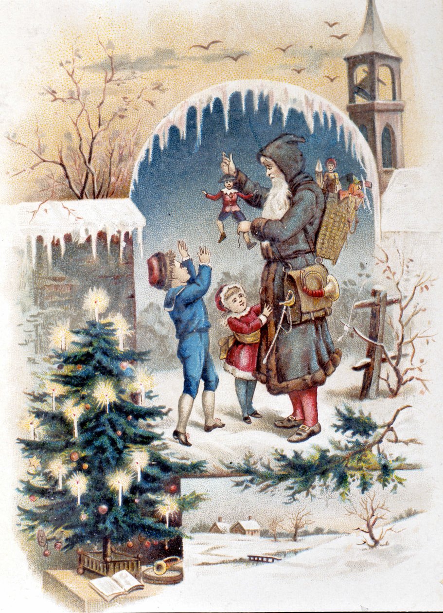 Julemann med barn. 1892 kromolitografi. av Unknown artist