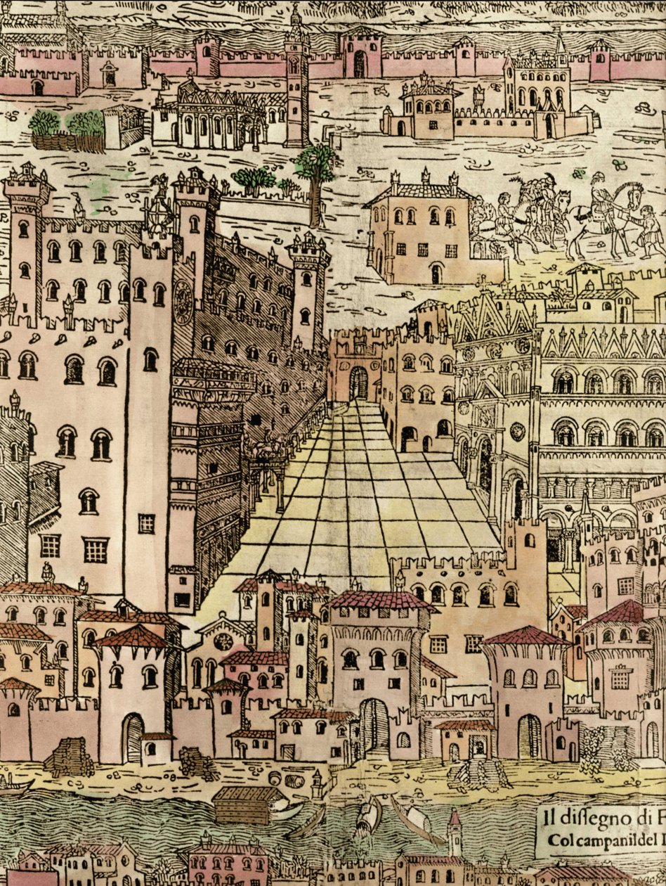 Ferrara: utsikt over byen, detalj av et anonymt tresnitt av Unknown artist