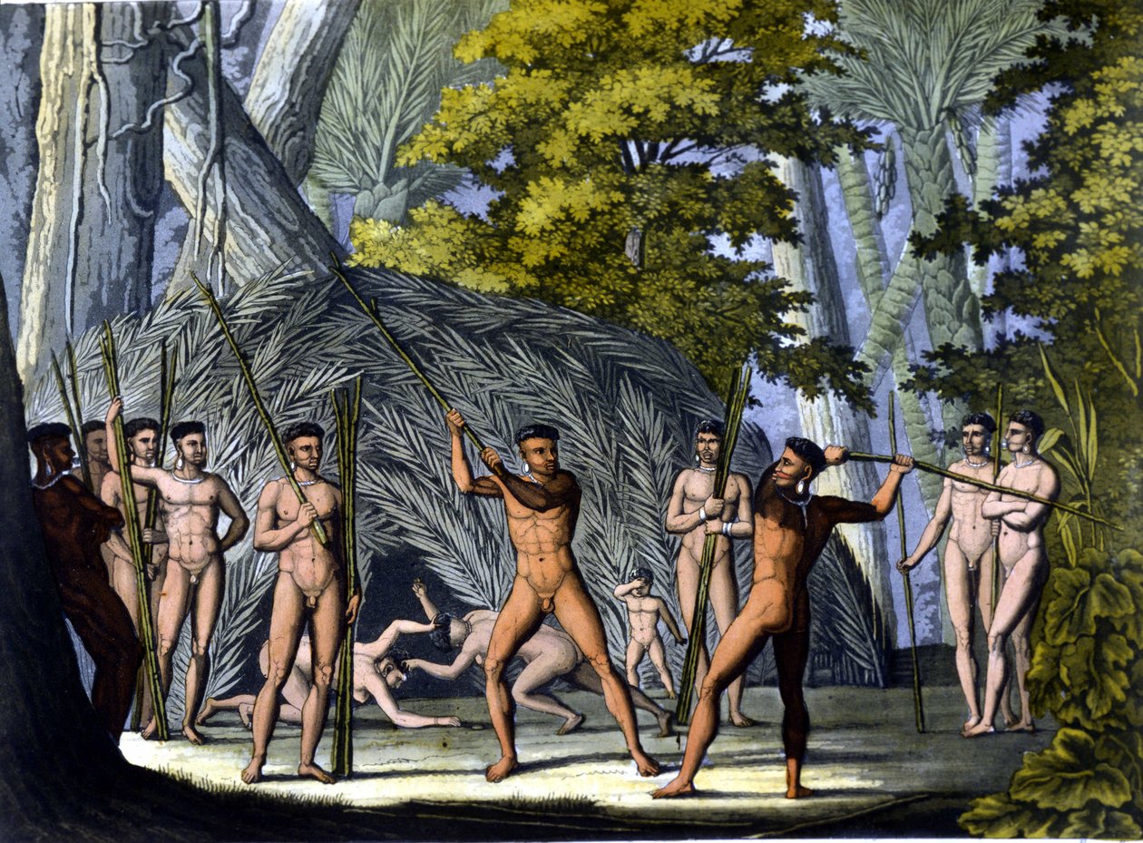 Kamp mellom botocudos, indianere i Brasil - i "" Den gamle og moderne drakten"" av Ferrario, red. Milan av Unknown artist