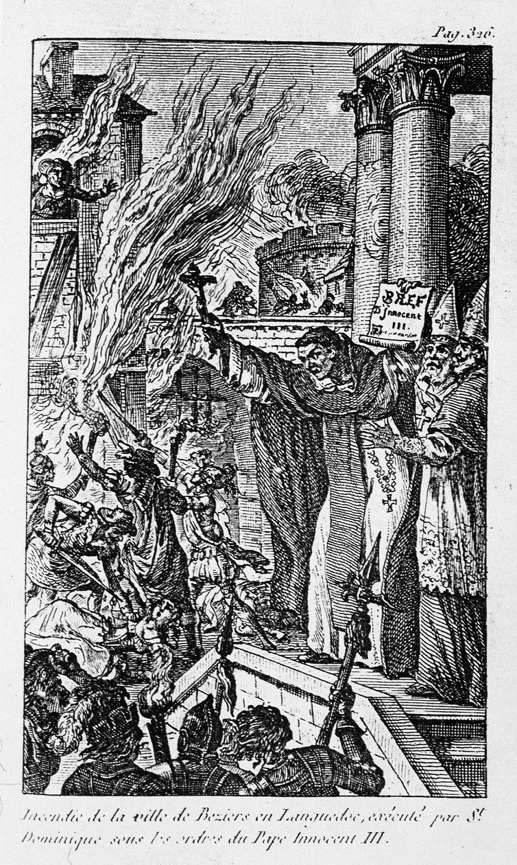 Brann i byen Béziers i Languedoc, henrettet av Saint Dominica under ordre fra pave Innocent III i "Religionens forbrytelser"" av Unknown artist