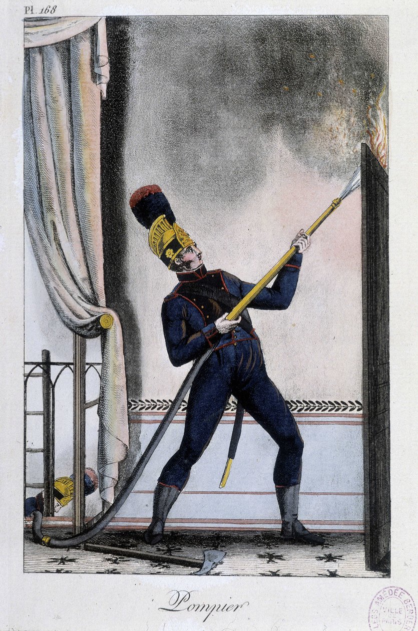 Brannmann med vannlanse, slukker brann - ca. 1830 av Unknown artist
