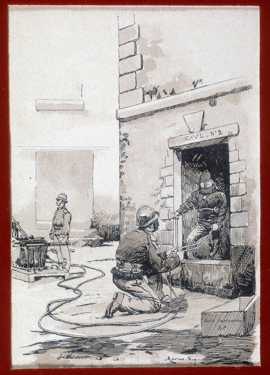 Brannmenn: brannapparat fra kjellere. gravering sd. 1800-tallet av Unknown artist