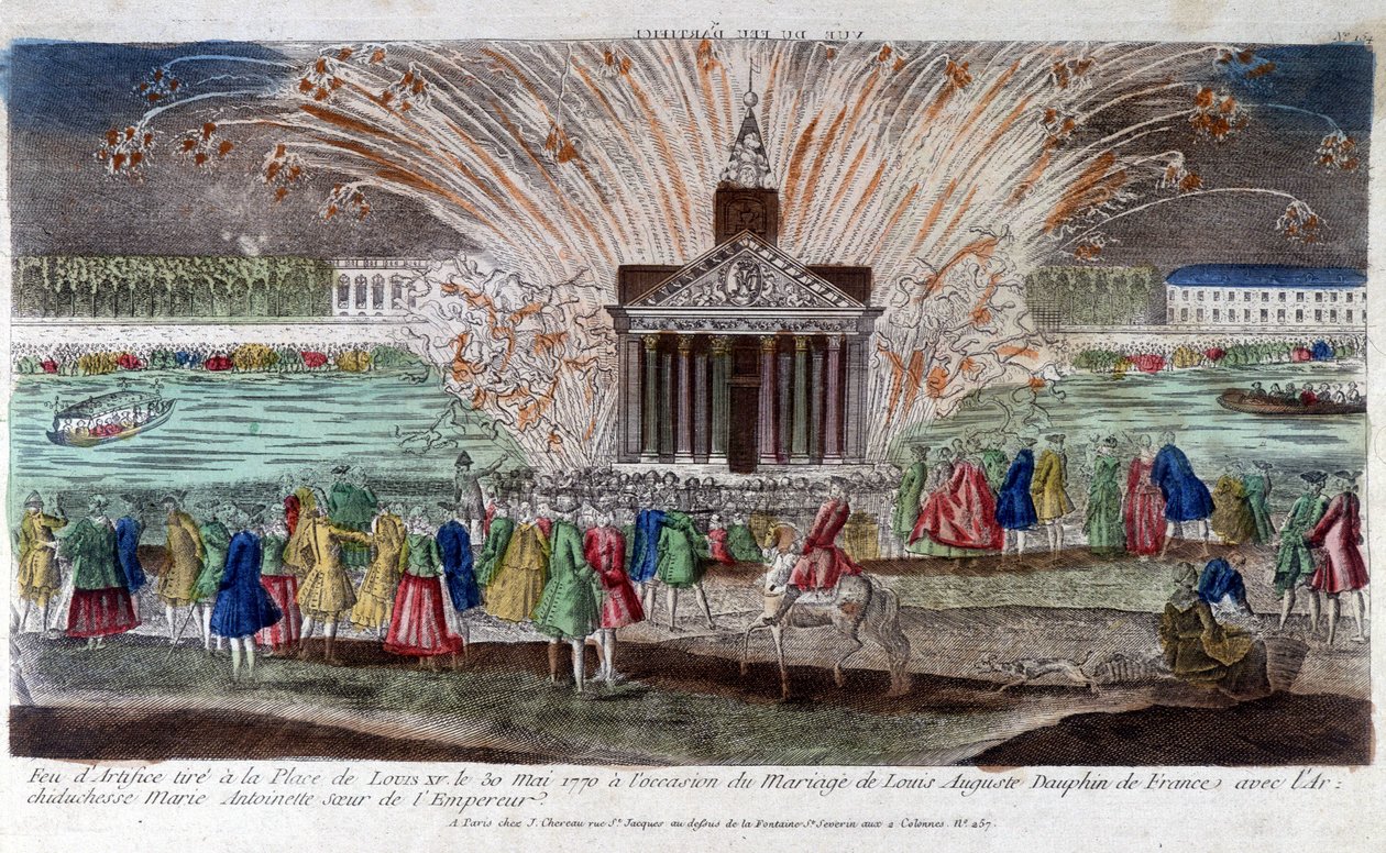 Fyrverkeri avfyrt ved Place de Louis XV 30. mai 1770, i anledning ekteskapet til Louis Auguste, Dauphin av Frankrike med erkehertuginne Marie Antoinette, søster til keiseren. Gravering sent på 1700-tallet. av Unknown artist