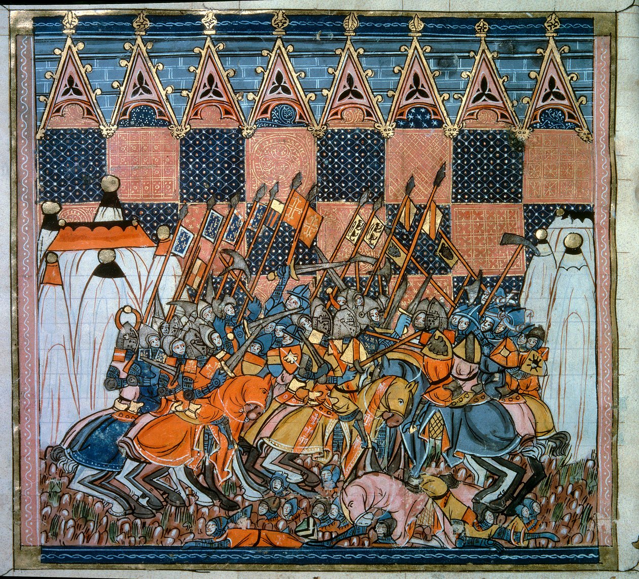 Første korstog: beleiringen og erobringen av Jerusalem ved kryssene ledet av Godefroy de Bouillon (1058-1100) i 1099. Miniatyr fra «Chronicles d
