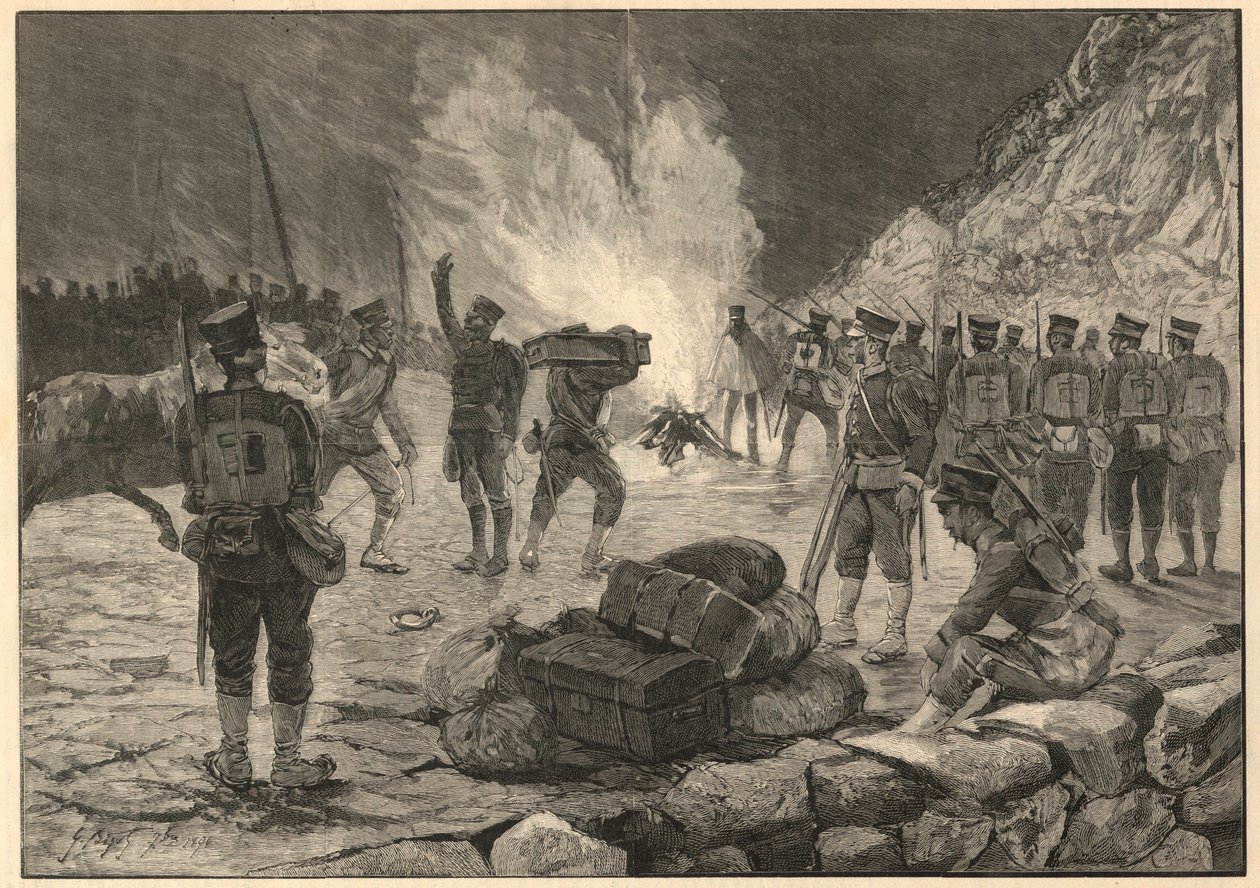 Første kinesisk-japanske krig - Japansk kinesisk krig, avstigning ved Chemulpo (Inchon i Korea) i 1894 - Gravering av 1894 av Unknown artist