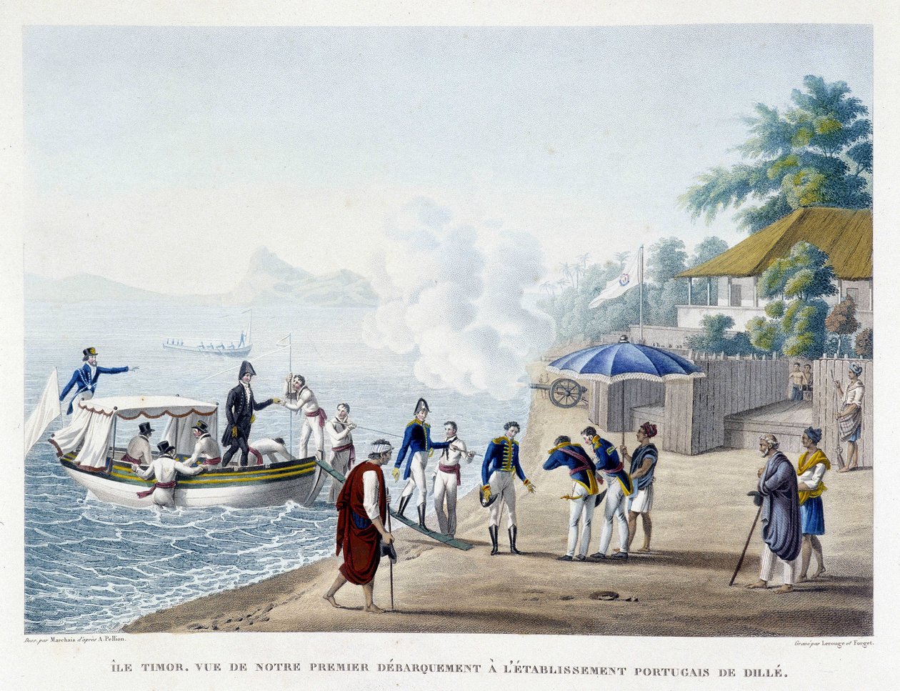 Første barking av franskmennene ved den portugisiske bosetningen Dille på øya Timor. av Unknown artist