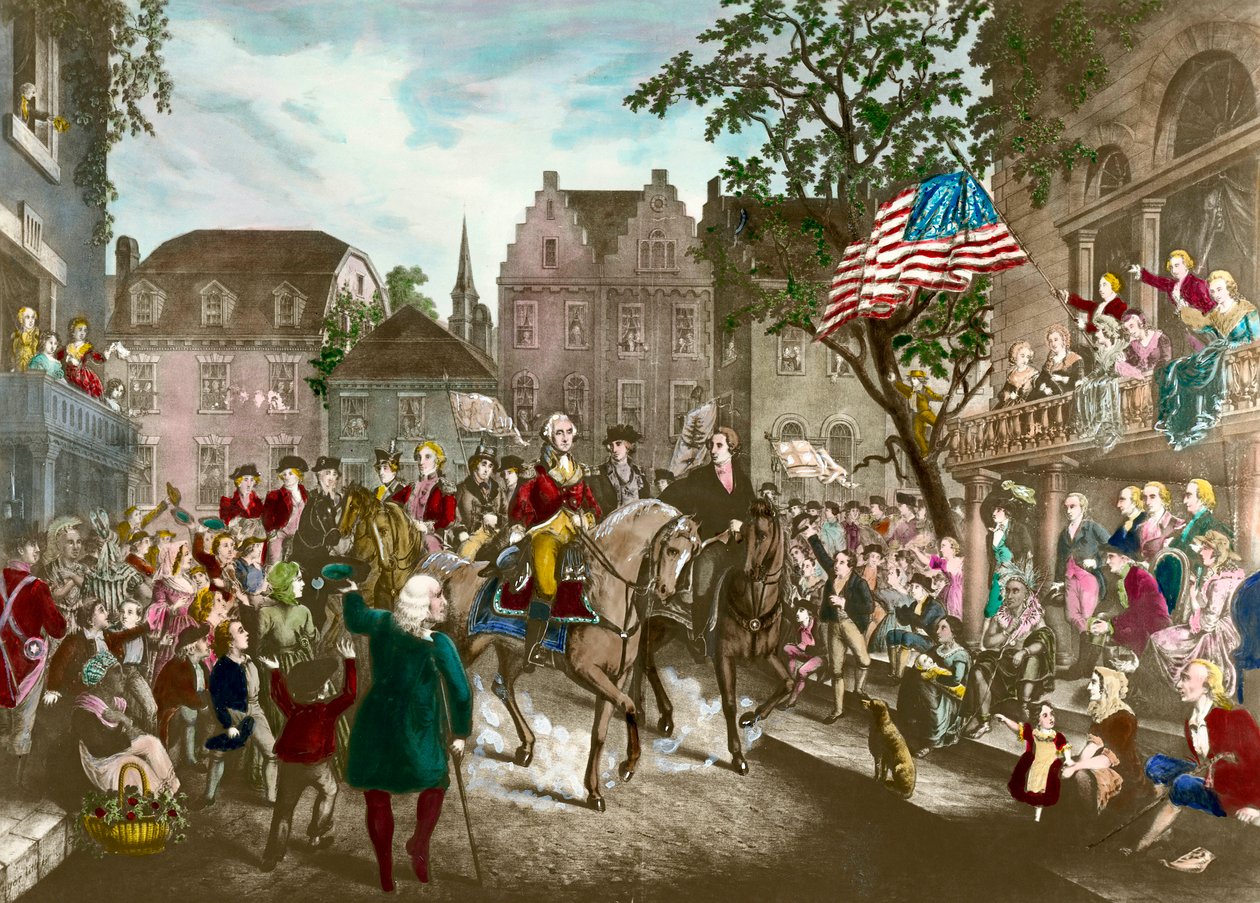 Første av den amerikanske uavhengighetskrigen: George Washington (1732-1799) triumferende inntog i New York etter det engelske nederlaget av Unknown artist