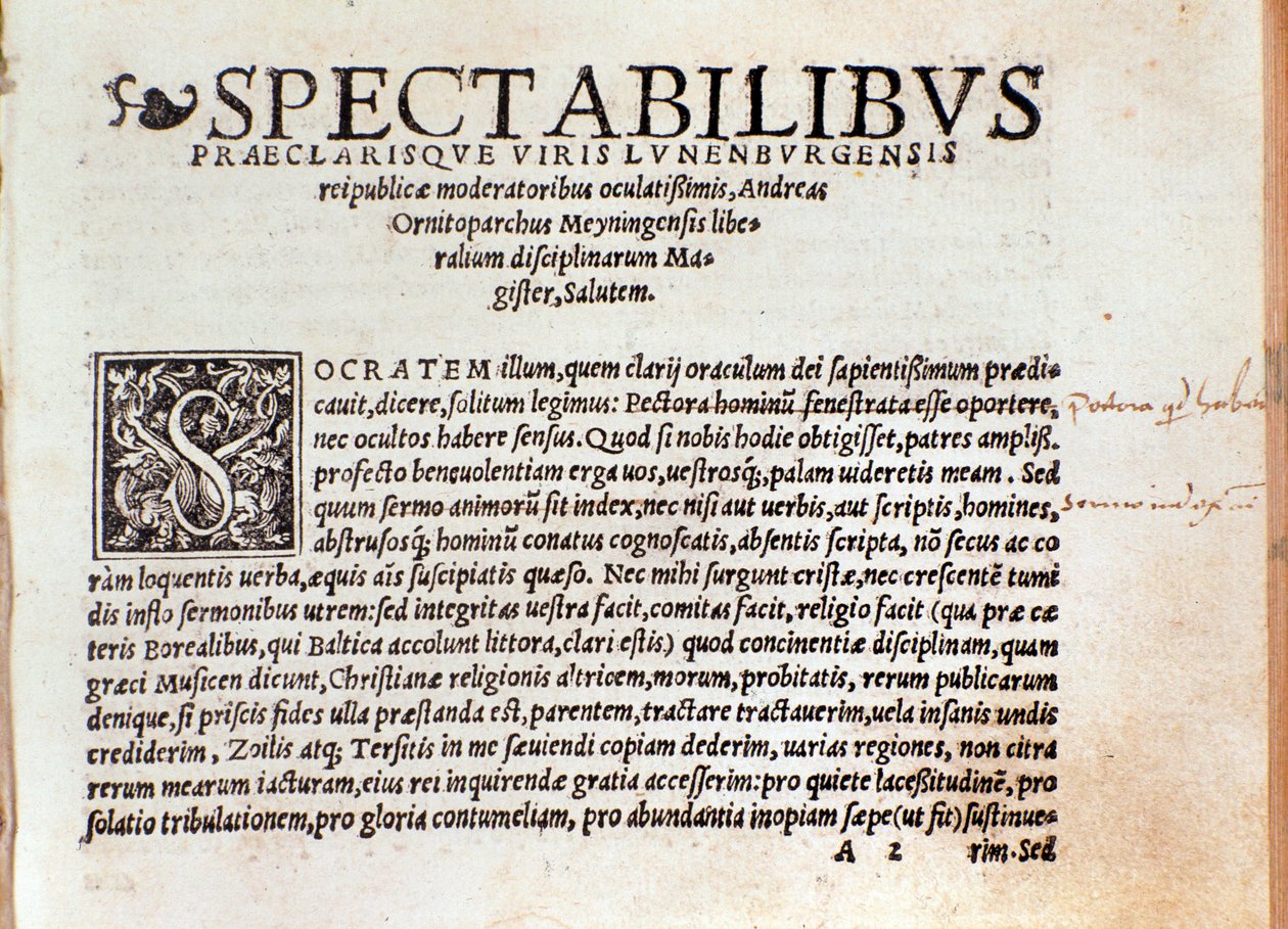 Første side av ""De arte cantandi micrologus"" av Andree Ornitoparchi (Andreas Ornithoparchus) 1533 Bologna, civico museo musicale av Unknown artist