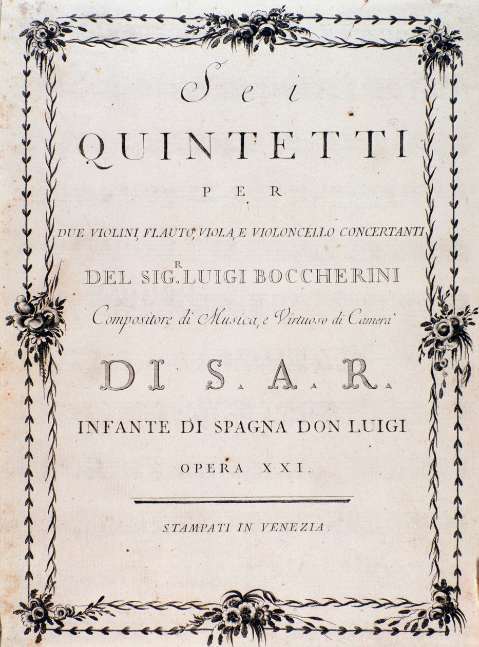 Første side med partitur av "" Seks kvintetter for to fioliner, bratsjfløyte og cello "" av Luigi Boccherini av Unknown artist