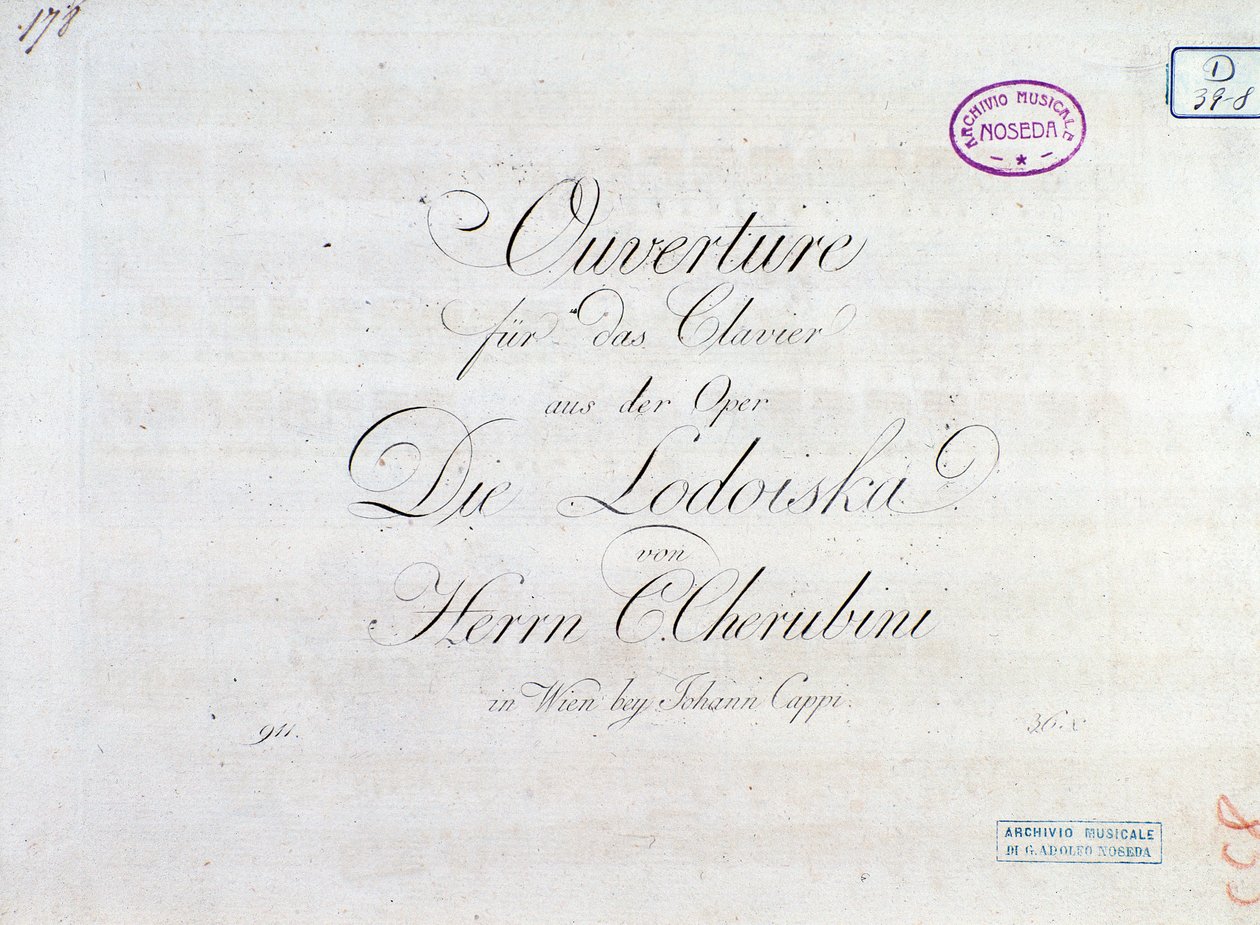 Første side med partitur av ouverture for pianoforte fra operaen "" Lodoiska"" av Luigi Cherubini av Unknown artist