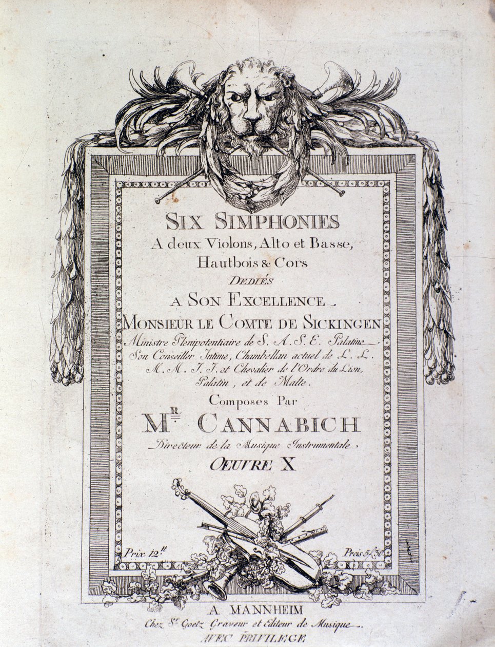 Første side med noter til symfonien n. 3 av Christian Cannabich av Unknown artist