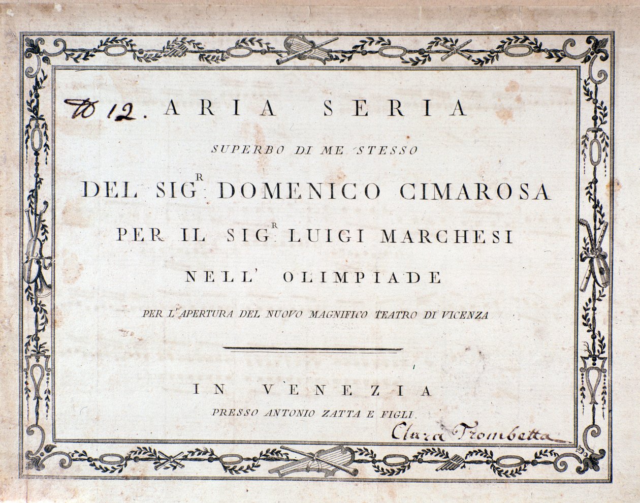 Første side av partituret til Aria Seria av Domenico Cimarosa av Unknown artist
