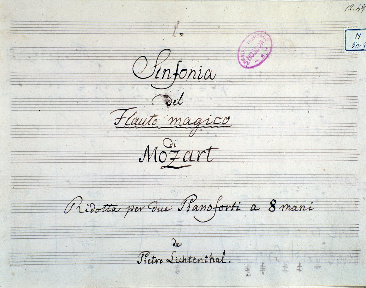 Første side av symfonipartituret redusert til to pianoer og åtte hender av Die Zauberflote, opera av Mozart, Lichtenthal-versjon (1800-tallet) av Unknown artist