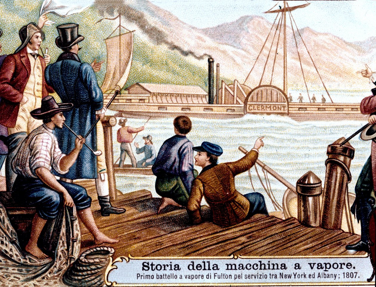 Første seilas av dampbåten "Clermont" av Robert Fulton (1765-1815), amerikansk ingeniør på Hudson River, USA av Unknown artist