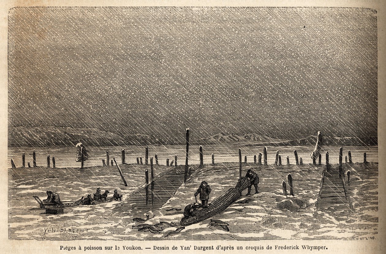 Fiskefeller, plassert på bredden av Yukon-elven (ekstremt nord i Canada). Gravering for å illustrere reisen og eventyrene i engelsk Colombia, Vancouver Island og Alaska, av Frederick Whymper av Unknown artist
