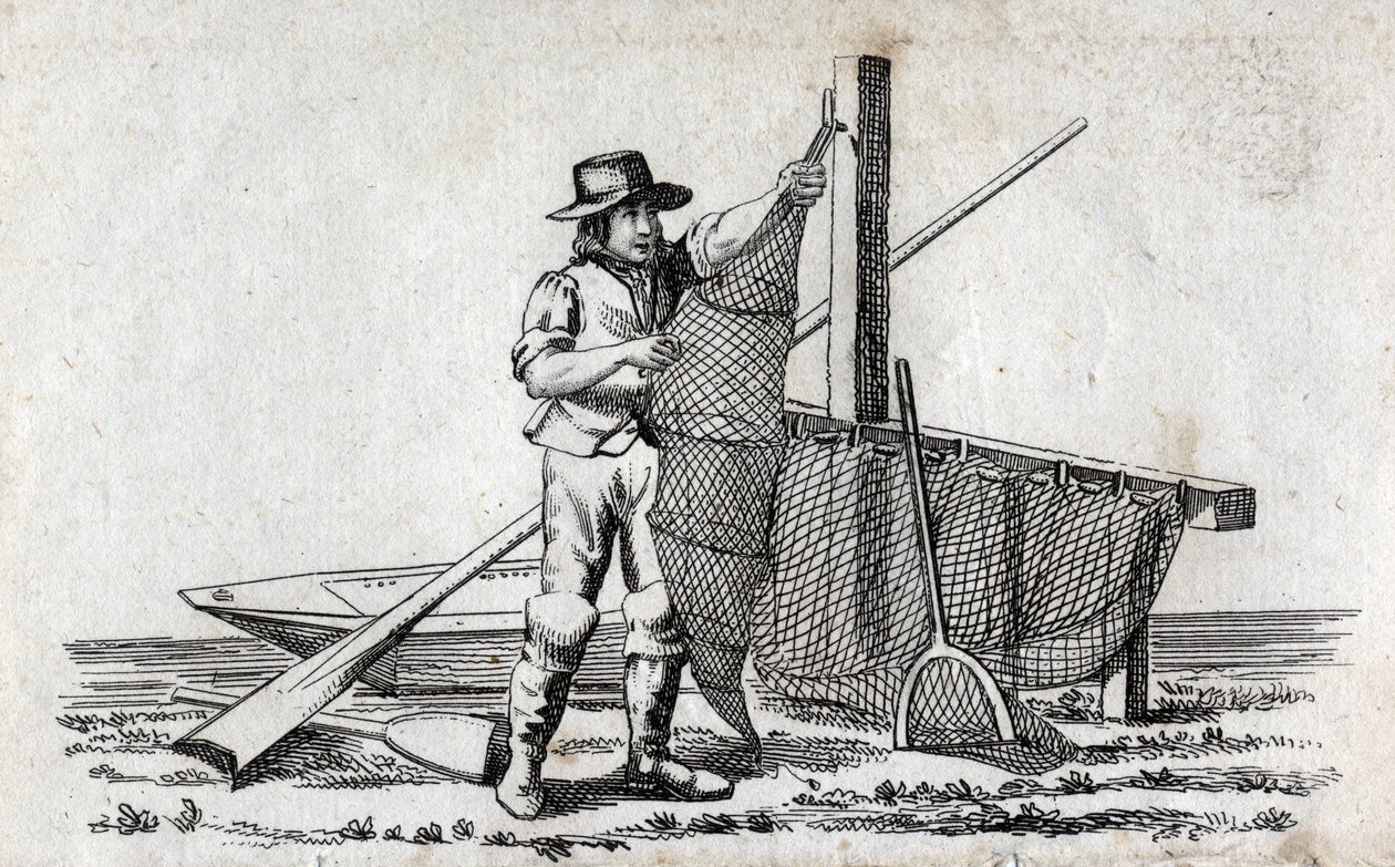 Fisker og fiskegarn. Fin gravering fra 1700-tallet. Privat samling. av Unknown artist