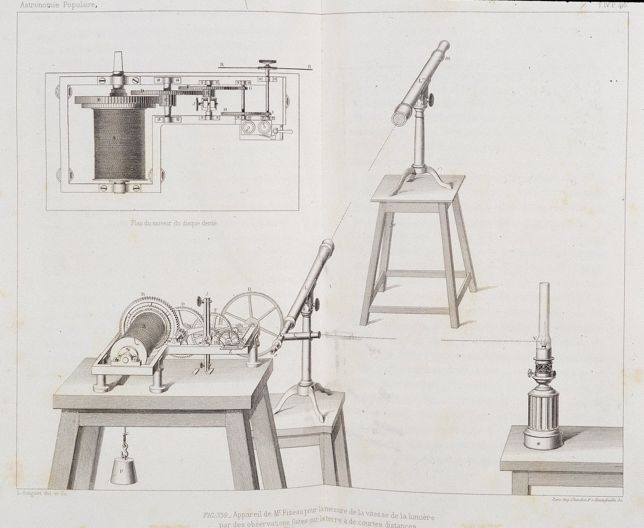 Fizeaus apparat for å måle lysets hastighet - i "" Populær astronomi"" av Francois Arago, Paris, Cide Publisher av Unknown artist