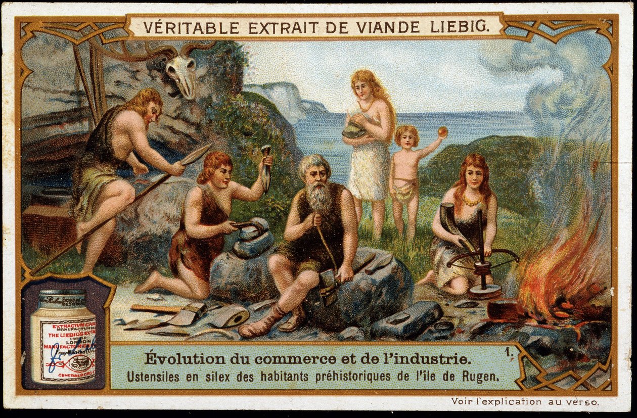 Flintredskaper til de forhistoriske innbyggerne på Rugen Island - Liebig-reklameetikett av Unknown artist
