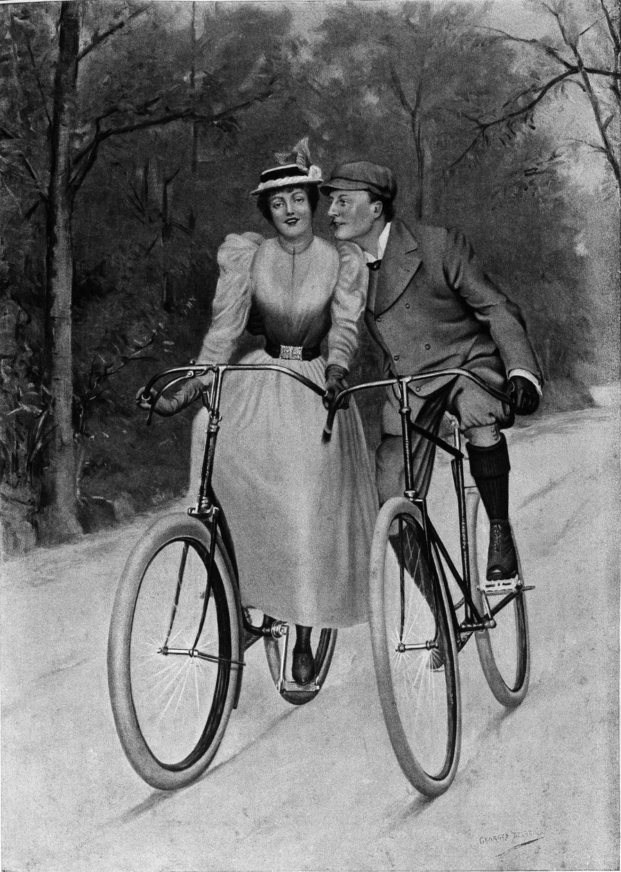 Flørt slutten av århundret: par en sykkel - gravering av Unknown artist