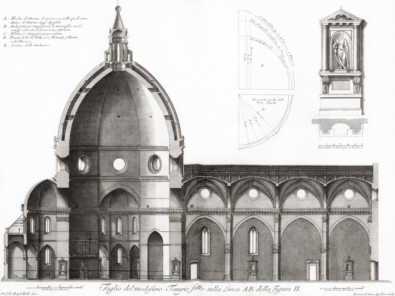 Firenze, Italia. Duomo og katedralen Santa Maria del Fiore. Tverrsnitt av katedralen. Etter en gravering fra 1800-tallet (gravering) av Unknown artist