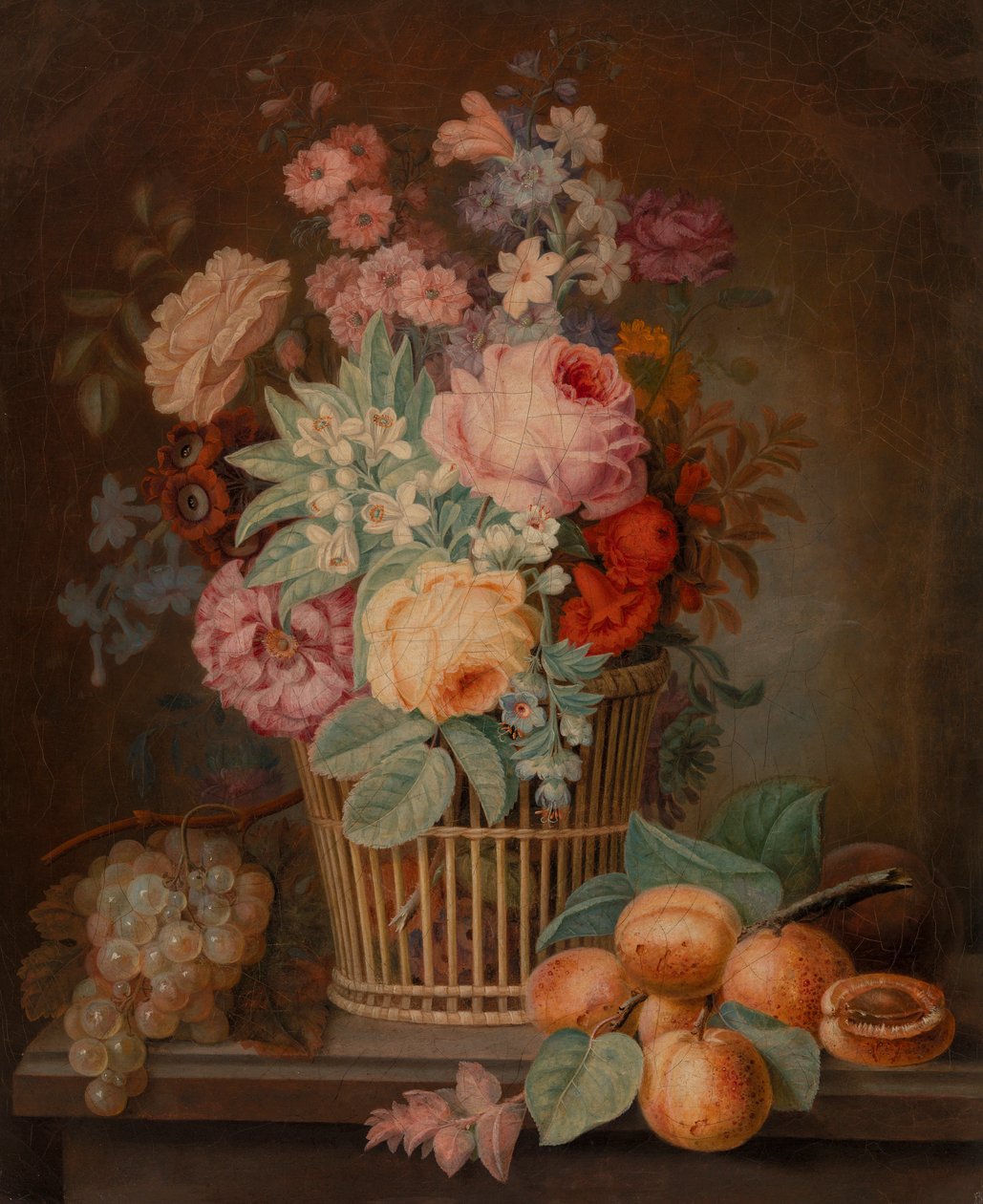 Blomsterstykke i kurv av Unknown artist