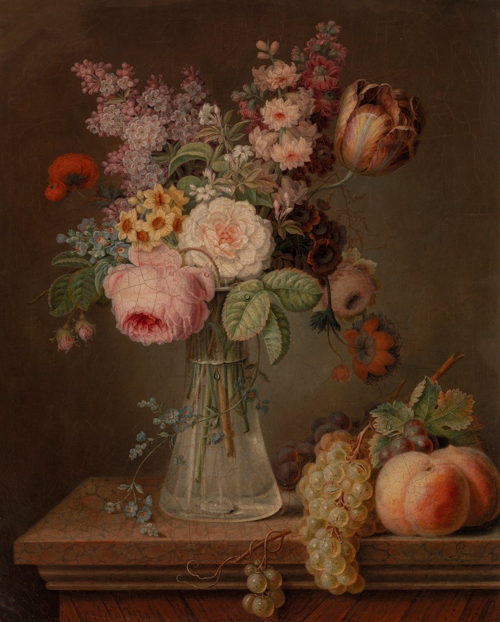 Blomsterstykke i glassvase av Unknown artist