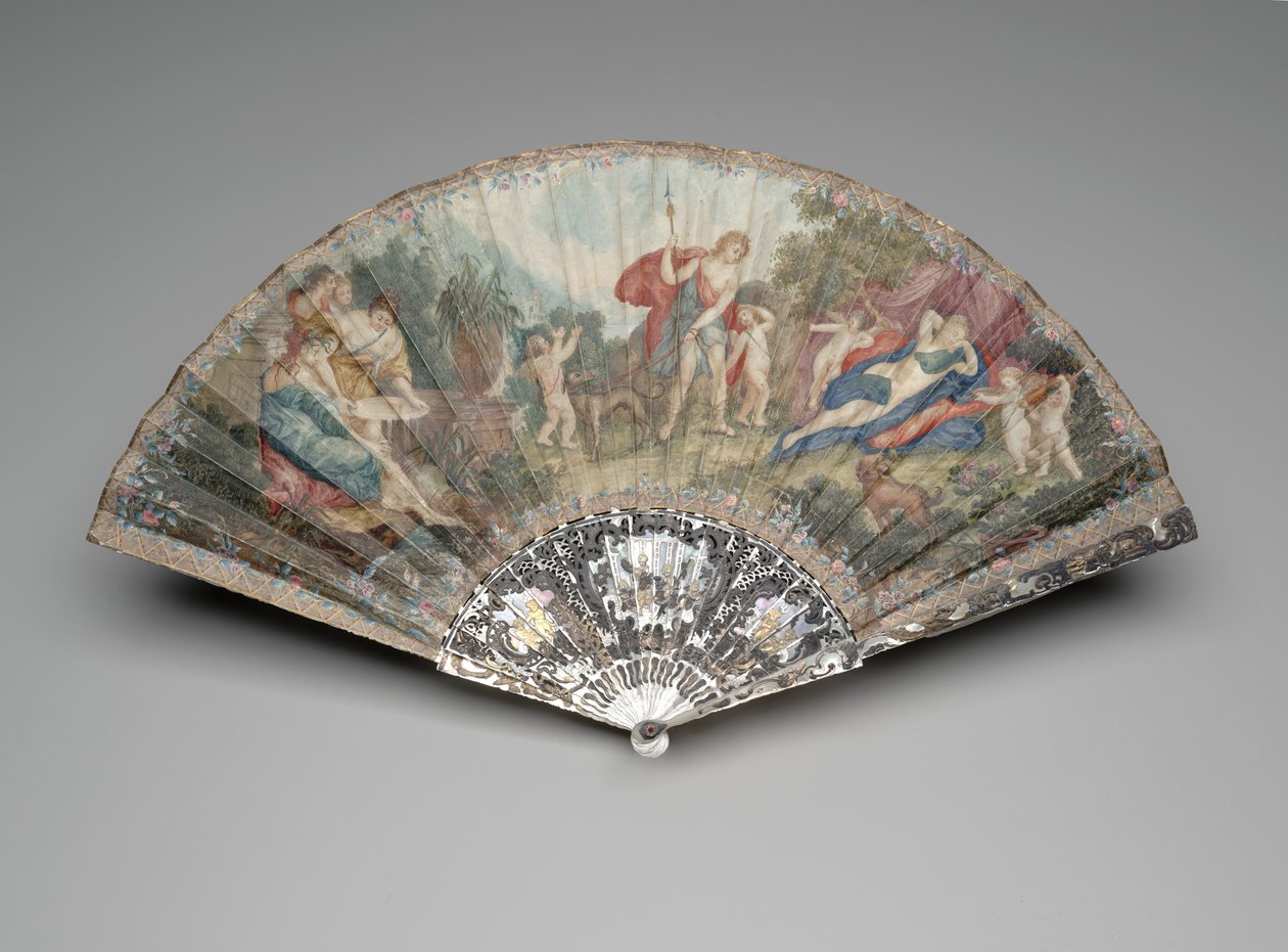 Sammenleggbar vifte med "Adonis Led by Cupids to Venus," etter Francesco Albani, mount ca. 1720-1730-tallet, vakter og pinner ca. 1740-1750-tallet (gouache og akvarell på dobbelt vellumblad, perlemor, forgylling og lime perle ) av Unknown artist