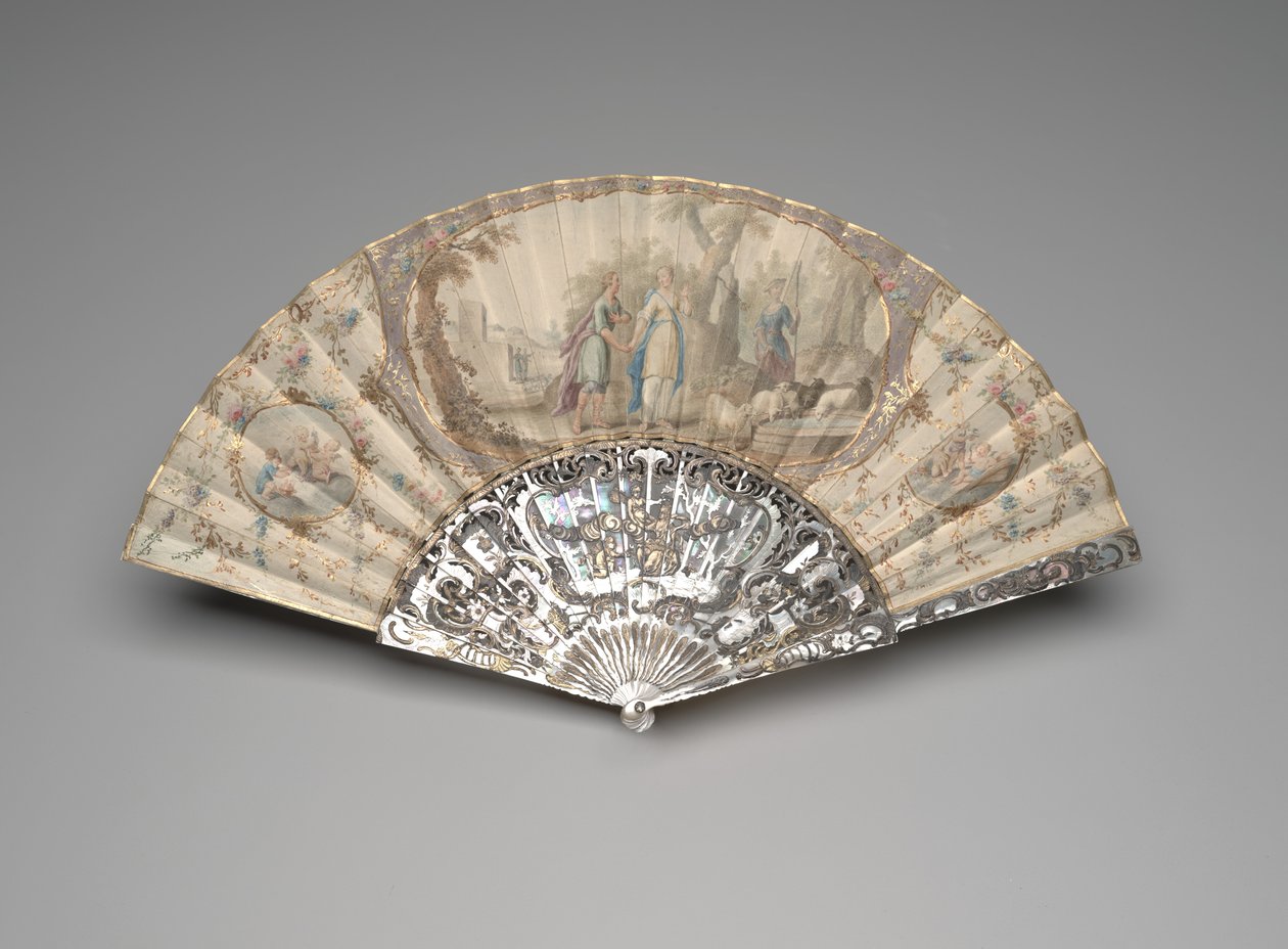 Sammenleggbar vifte med Jacob møter Rachel ved brønnen, ca. 1760-70-tallet (gouache og akvarell på enkelt pergamentblad, perlemor, forgylling og lime edelstener) av Unknown artist