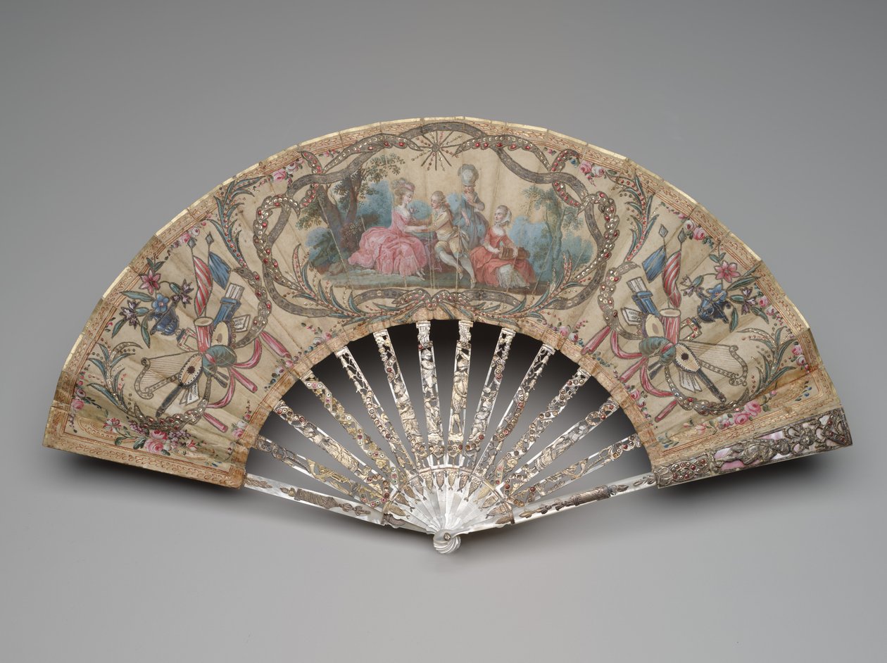 Sammenleggbar vifte med frieriscene og musikalske trofeer, ca. 1770-80-tallet av Unknown artist
