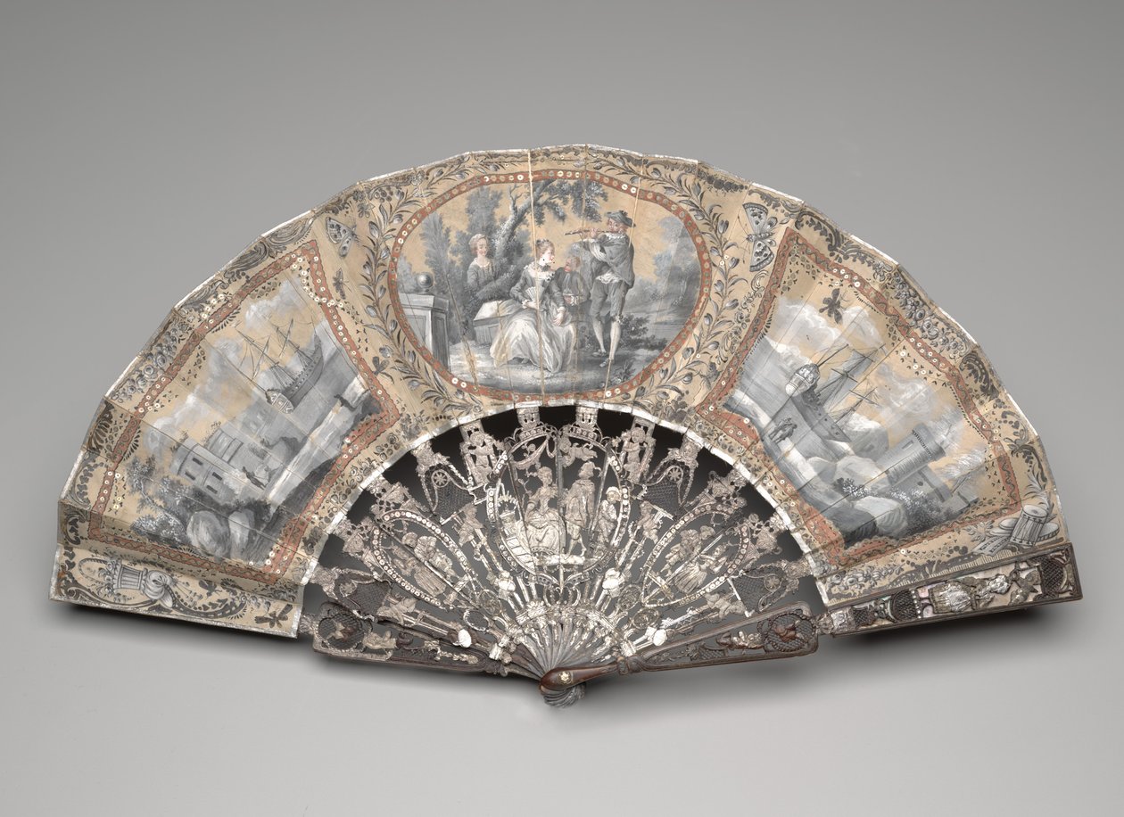 Sammenleggbar vifte med "grisaille"-scener, ca. 1780-tallet (gouache på doble silkeblad, messing, metalltråd, bein eller elfenben, forgylling, perlemor og lime edelstener) av Unknown artist
