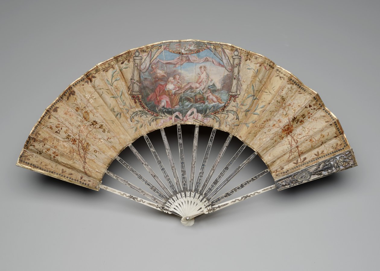 Sammenleggbar vifte med Venus fødsel, ca. 1770-80-tallet (gouache på enkelt silkeblad, strå, messing, metalltråd, bein, forgylling, perlemor og lime edelstener) av Unknown artist