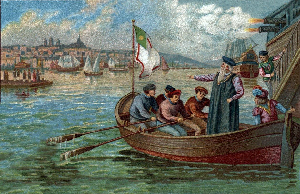 Tidligere kjøpesentre: retur av Vasco de Gama (1469-1524), portugisisk navigatør til Porto, Portugal. Kromolitografi fra slutten av 1800-tallet av Unknown artist