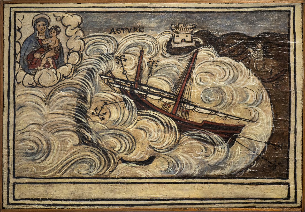 Tidligere voto (ex voto) sjømann, populært tilbud som et løfte om hengivenhet og takknemlighet for sjømannen som overlever til farene ved havet som kommer fra kirken Carmine, Torre del Greco, nær Napoli, Italia fra 1800-tallet av Unknown artist