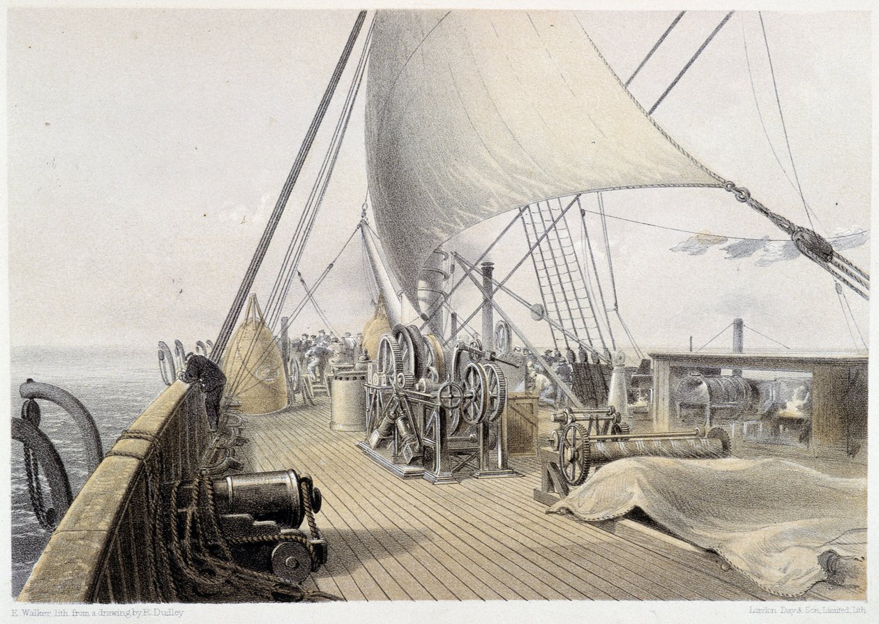 Forover dekk klarert for siste attemet ved grappling, 11. august 1858 - i "The Atlantic telegraph" av W. H. Russel, ca. 1860 av Unknown artist