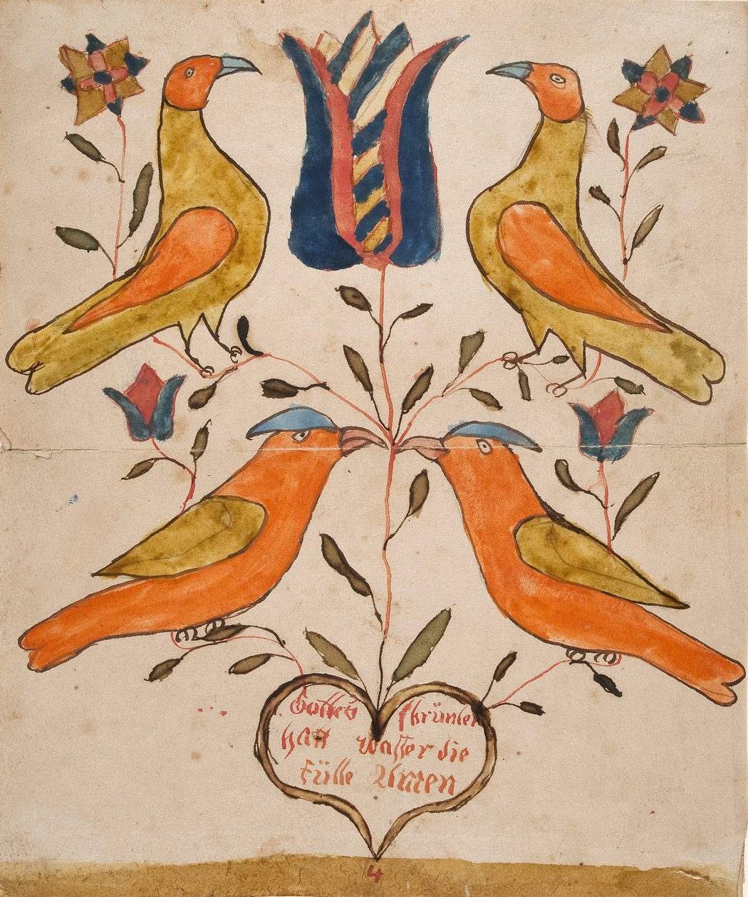 Fire fugler, tulipan og hjerte av Unknown artist