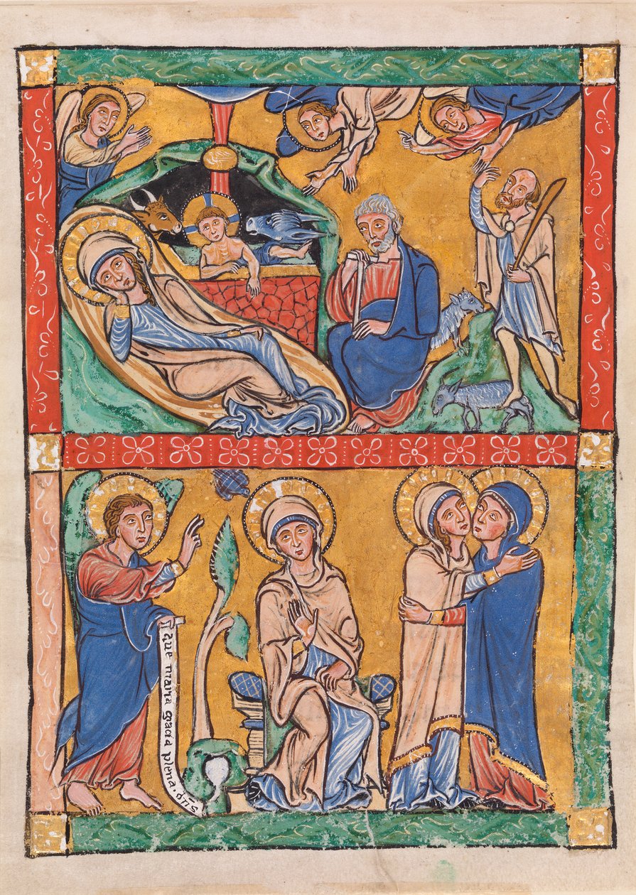 Fire scener i Det nye testamente: Bebudelsen og besøket (nedenfor); Fødselen og bebudelsen til hyrden (over) av Unknown artist