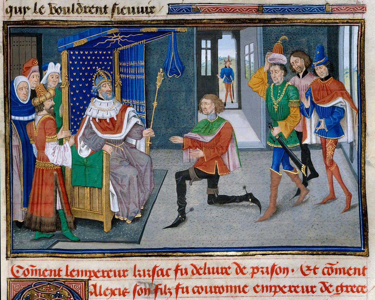 Fjerde korstog: representasjon av Alexis IV Angel (1182-1204) er keiserkrone ved siden av sin far Isaac II etter å ha klart å få ham ut av fengselet i 1203. Miniatyr fra "" Chronicle abregee"" av David Aubert av Unknown artist