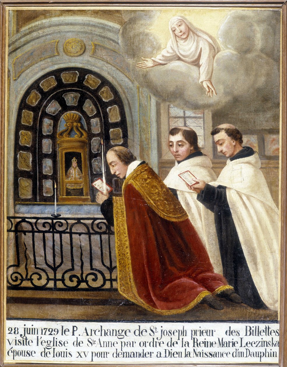 Fr erkeengelen av St. Joseph, Prior of the Billettes, besøker kirken Saint Anne etter ordre fra dronning Mary Leszczynska, kone til Louis XV, for å be Gud om fødselen til en delfin, 28. juni 1729 - Ex-Voto Sainte Anne d'Auray av Unknown artist