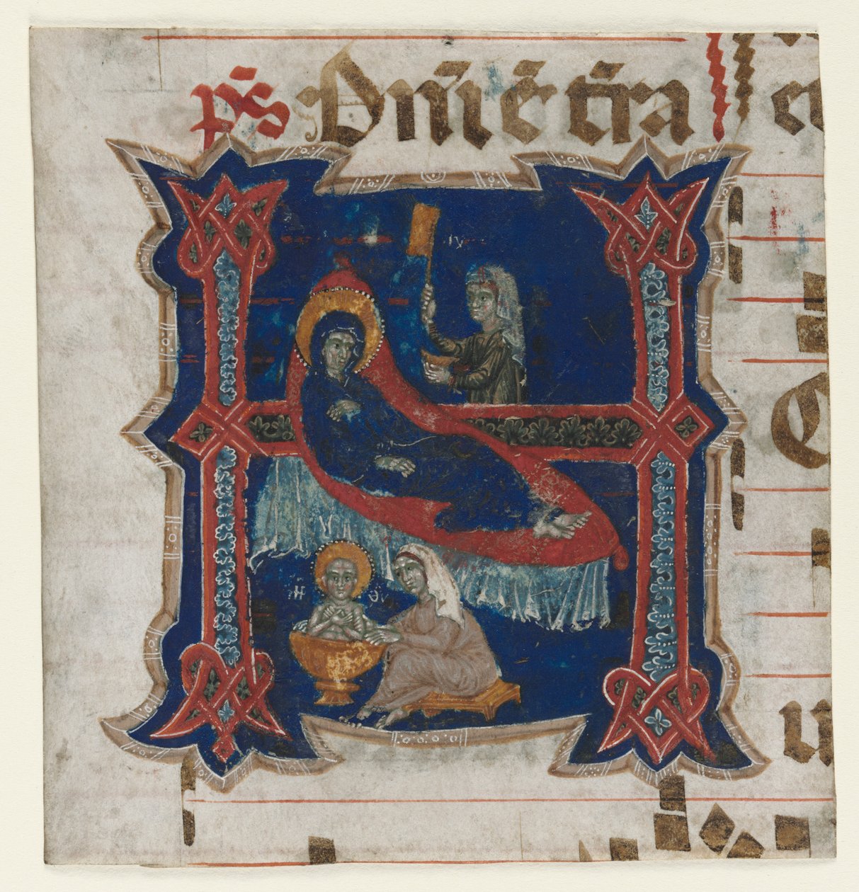 Fragment av en korbok med historisk initial (H): Jomfruens fødsel av Unknown artist