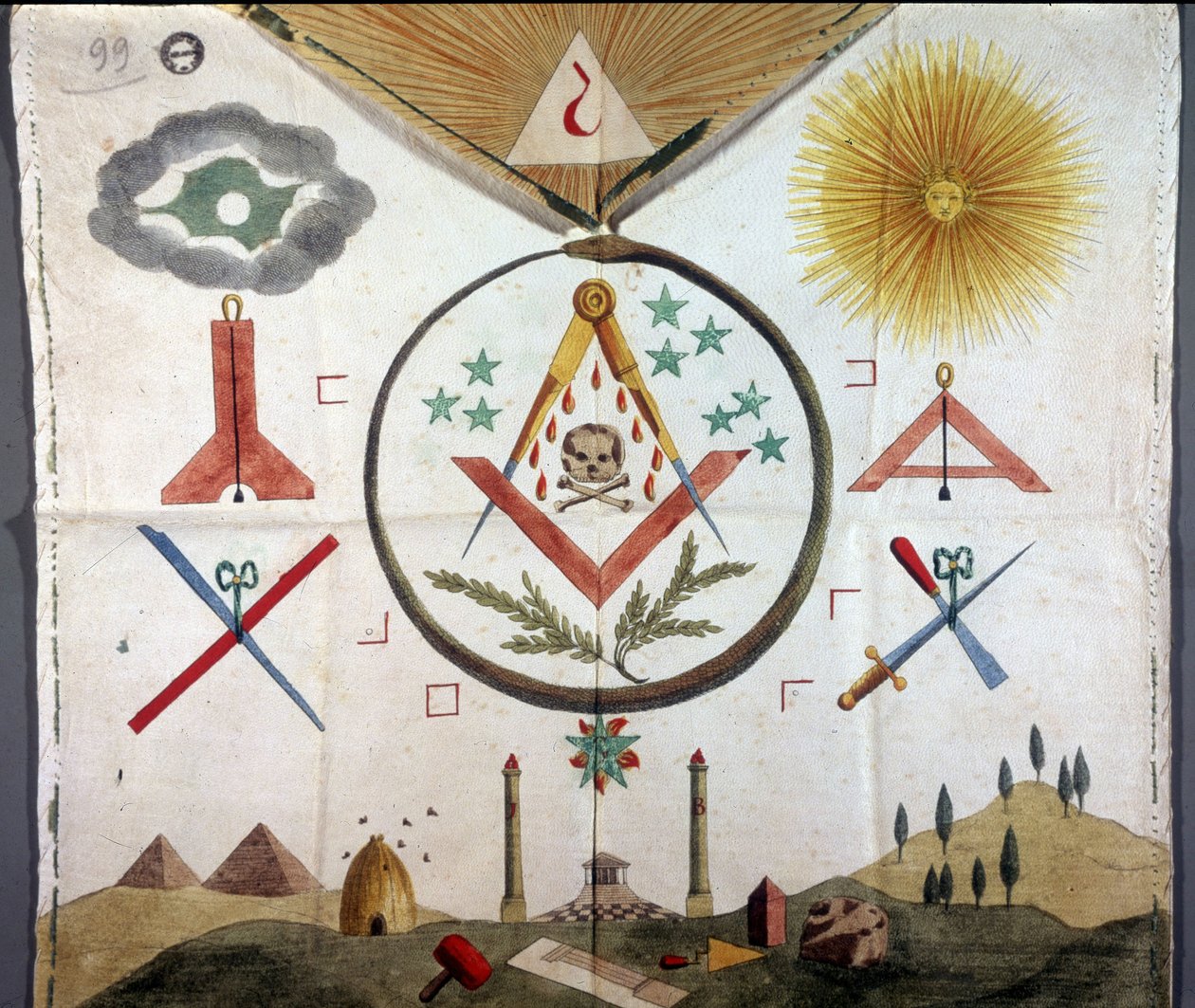Franc-Maconnerie: Maconnic-emblemer på et forkle til en macon av orden til den franske ritualen som dateres fra 1700- eller 1800-tallet. Archivio di Stato fra Milano av Unknown artist