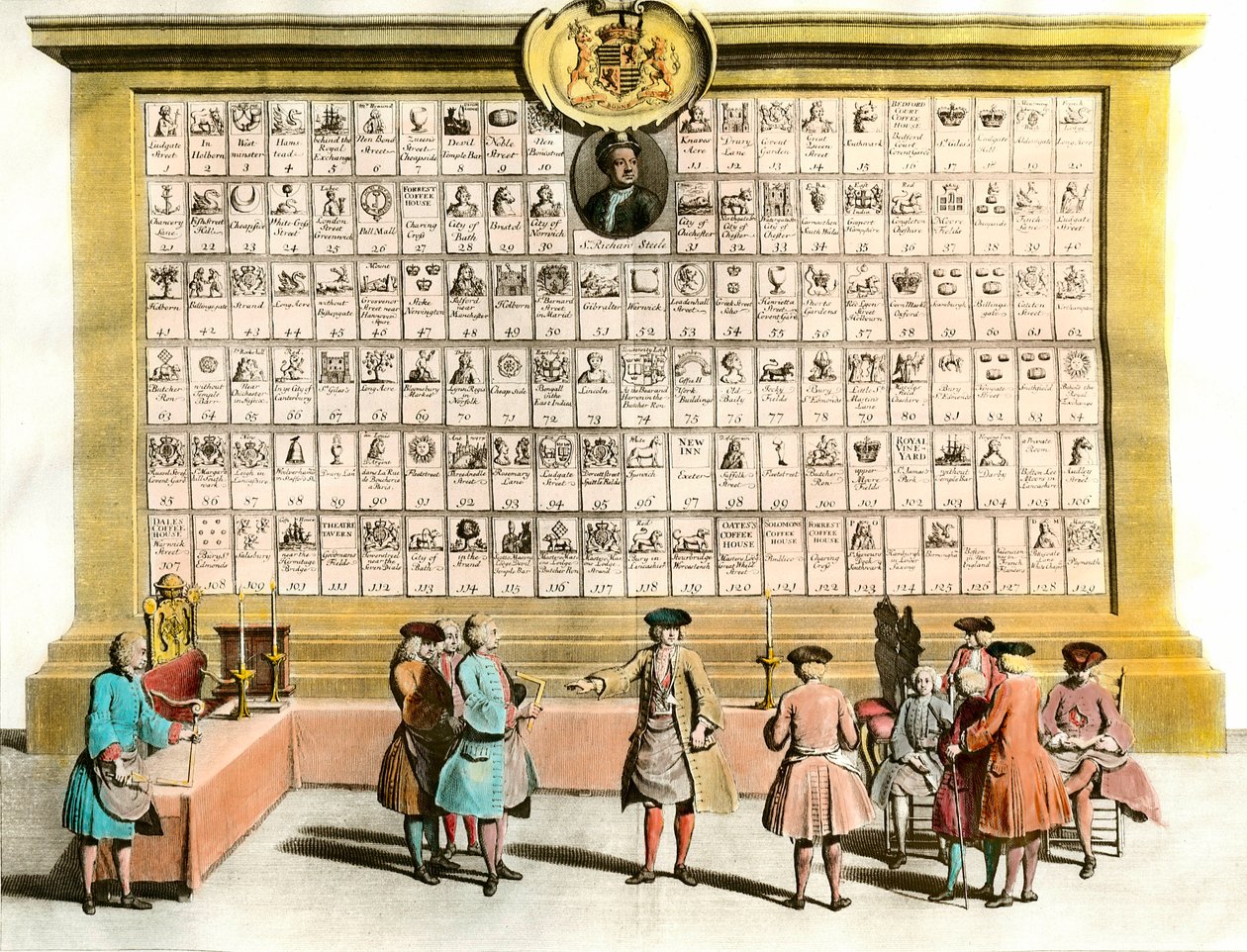 Franc-Maconnerie: møte med engelske maconfrancs med symboler for de viktigste maconniske hyttene. 1700-talls tavle. Paris. Dekorativ kunst av Unknown artist