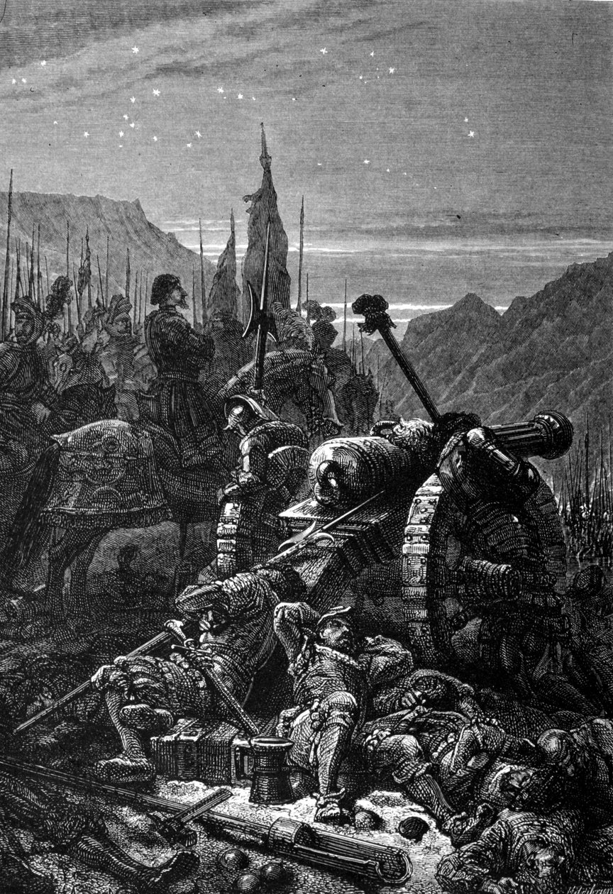 Francois I (1494 - 1547) ble liggende i salen natten før slaget ved Marignan, september 1515. Gravering av 1800-tallet. av Unknown artist