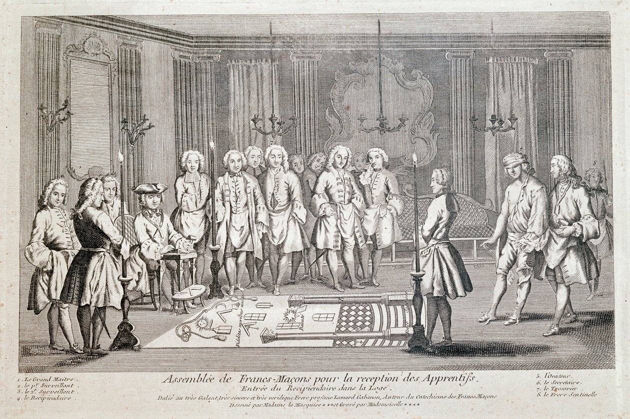 Freemaking: "Assembly of Francs Macons for opptak av lærlinger" Seremoni for mottakerens inntreden i logen. Han beveger seg fremover, med stripete øyne, guidet av den andre veilederen, mot Stormesteren (sitter til venstre). På th av Unknown artist